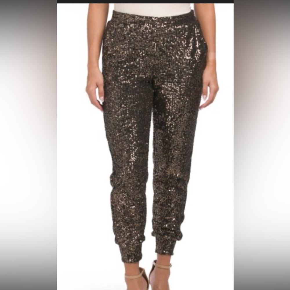 Cable & Gauge Gold Black Sequin Joggers Dress pants sparkly wedding prom pants M